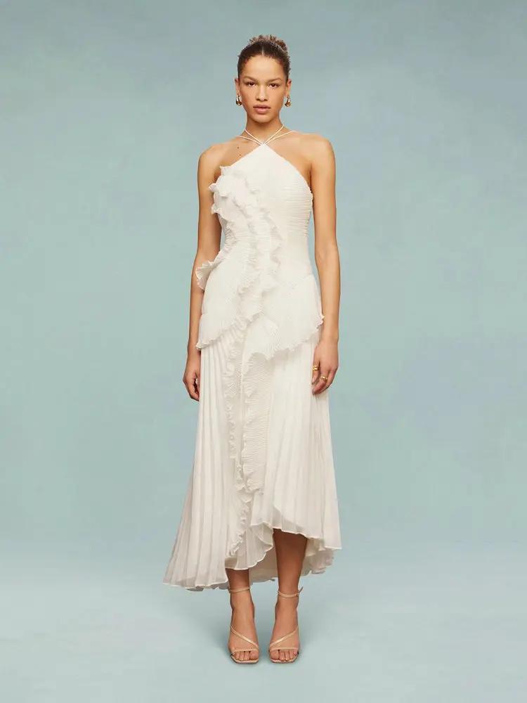 Women's asymmetric pleated maxi dress, one-shoulder elegant silhouette in flowing formal style