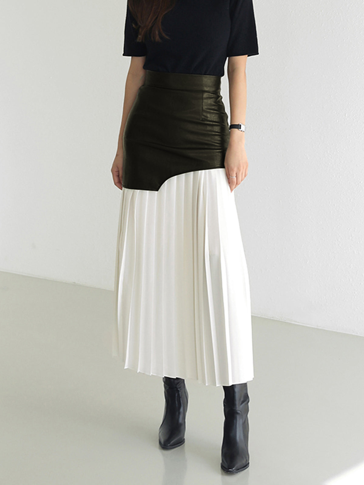 Black asymmetrical midi skirt faux leather chiffon contrast panel elegant urban style