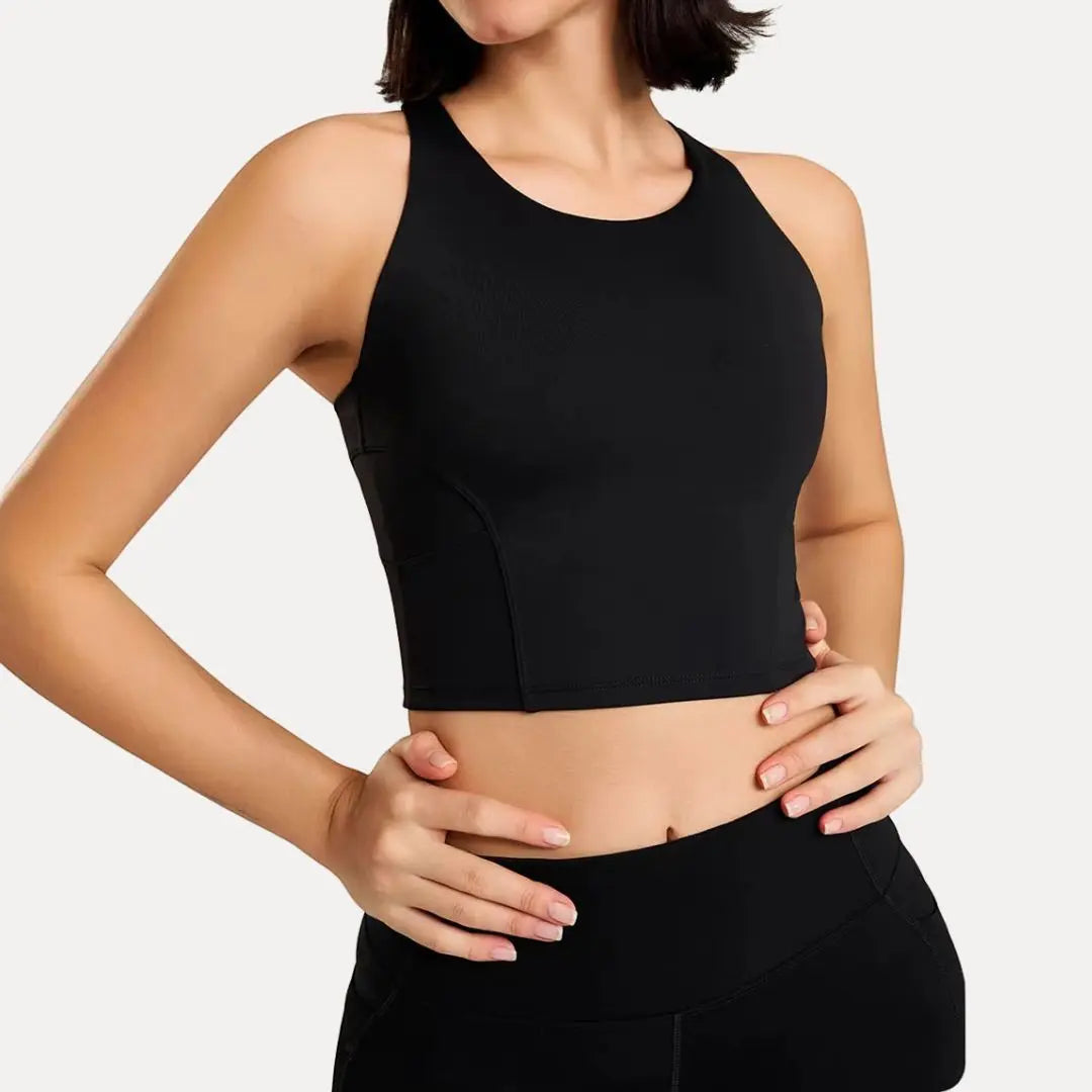 Women's black active tank top with breathable mesh back panel, slim fit moisture-wicking performance design