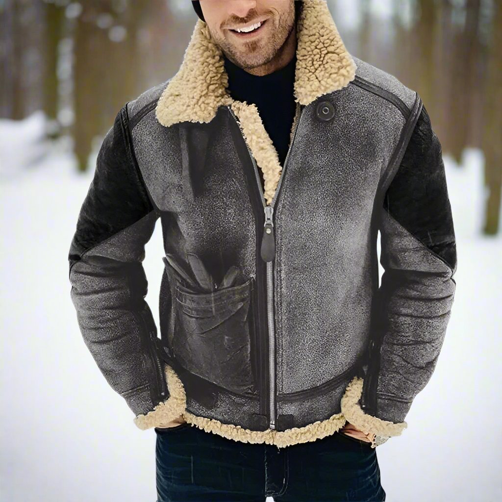 Men's brown aviator jacket classic fit PU leather with shearling trim and reinforced elbows