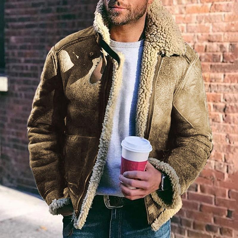 Men's brown aviator jacket classic fit with shearling trim and reinforced elbows vintage-inspired PU leather