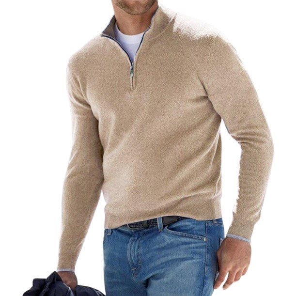 Men's lightweight half-zip knit pullover sweater with adjustable collar, versatile smart-casual layering essential