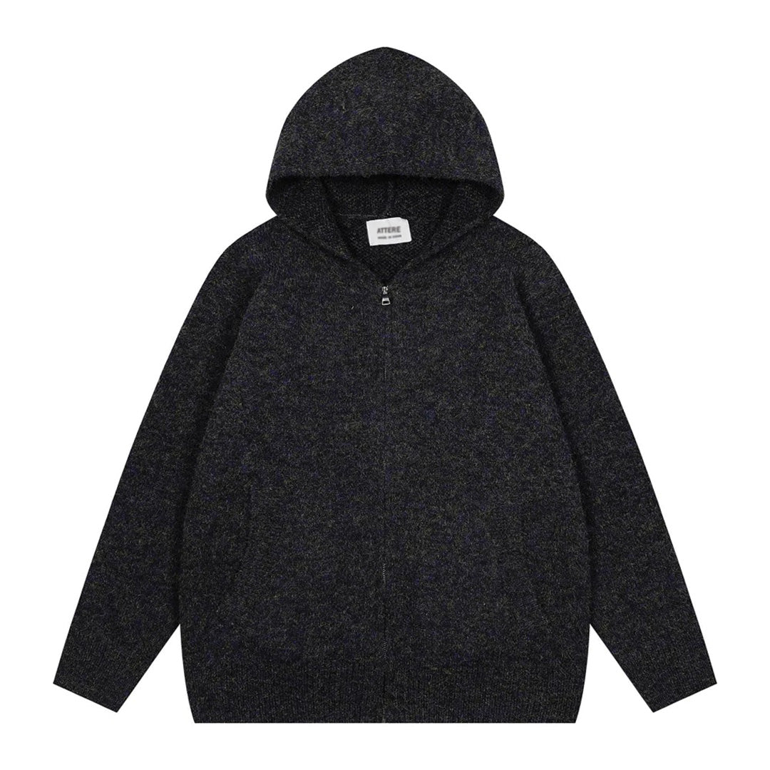 Heather gray knitted wool full-zip hoodie with front pockets, regular fit for cold weather layering