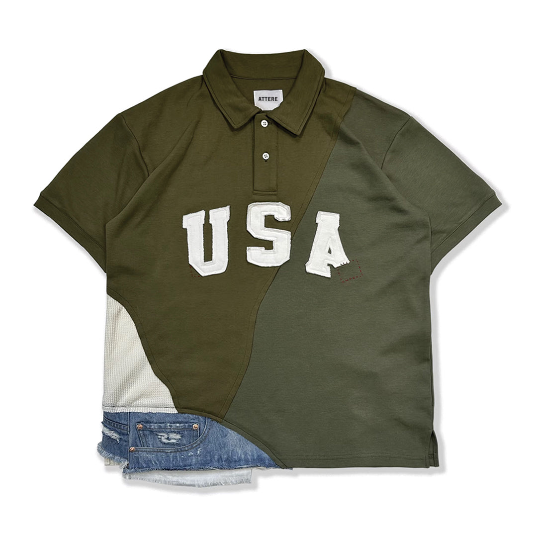 Men's patchwork polo shirt cotton denim loose fit with USA embroidery detail