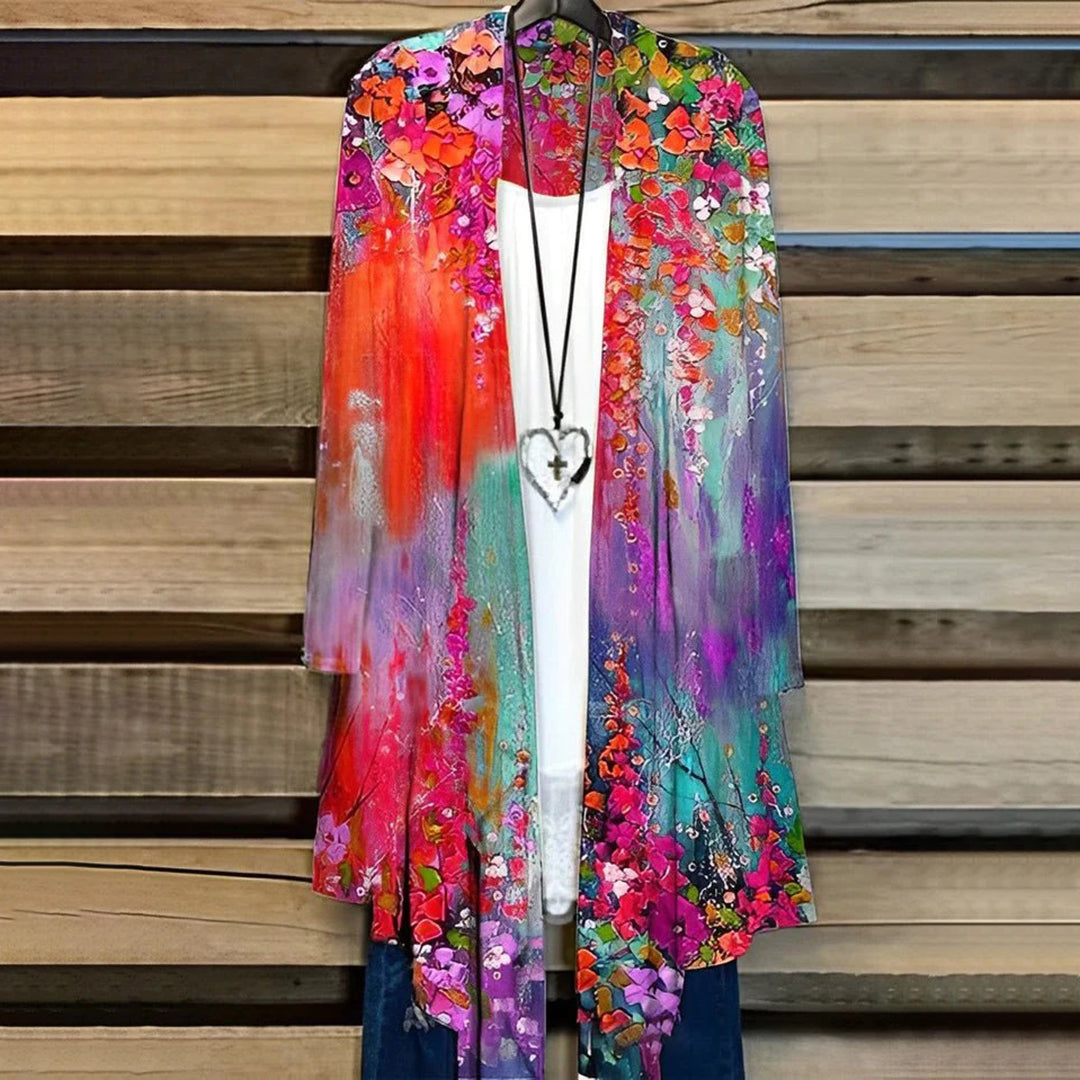 Women's floral chiffon kimono cardigan, lightweight open-front long sleeve breathable layering piece