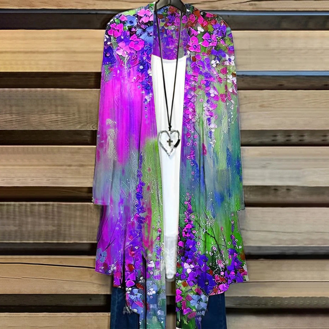 Women's floral chiffon kimono cardigan, lightweight open-front long sleeve breathable layering piece