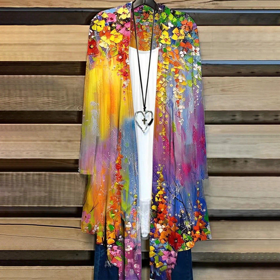 Women's floral chiffon kimono cardigan, lightweight open-front long sleeve breathable layering piece