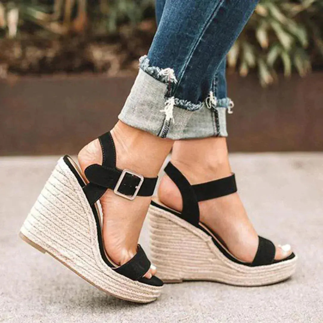 Women's suede-finish open-toe wedge espadrilles with adjustable ankle strap buckle, chic platform sole