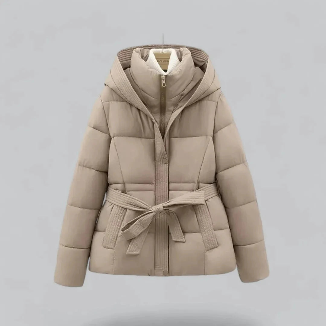Women's belted hooded puffer jacket quilted insulation flattering silhouette cozy warmth cold days