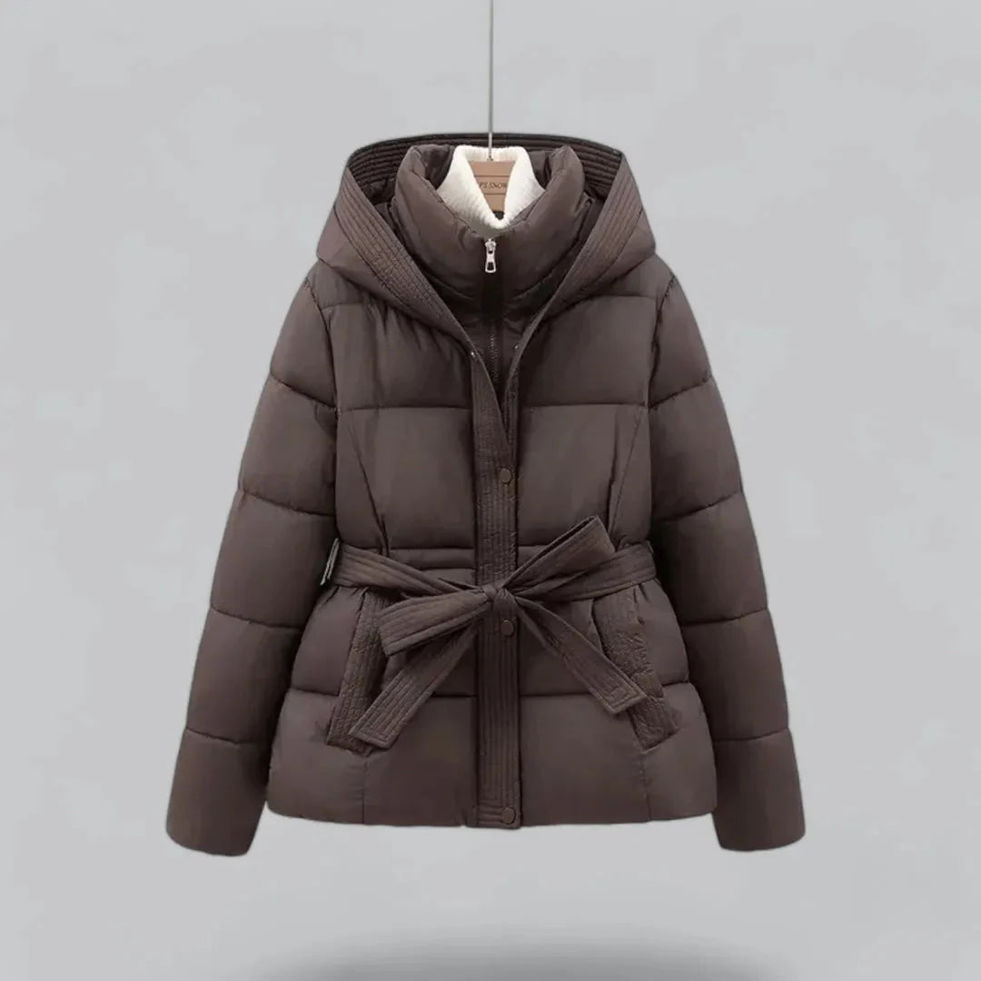 Women's belted hooded puffer jacket quilted insulation cozy warmth flattering silhouette cold days