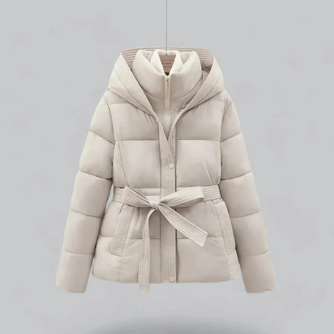 Women's belted hooded puffer jacket quilted insulation flattering silhouette cozy cold weather outerwear