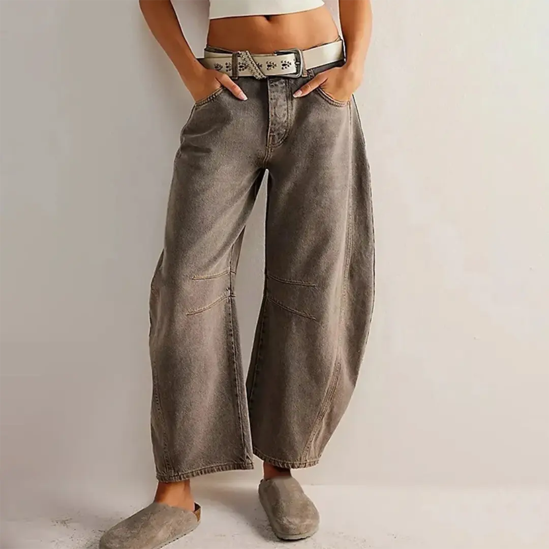 Women's mid-rise wide leg comfort jeans soft stretch denim relaxed silhouette casual everyday wear