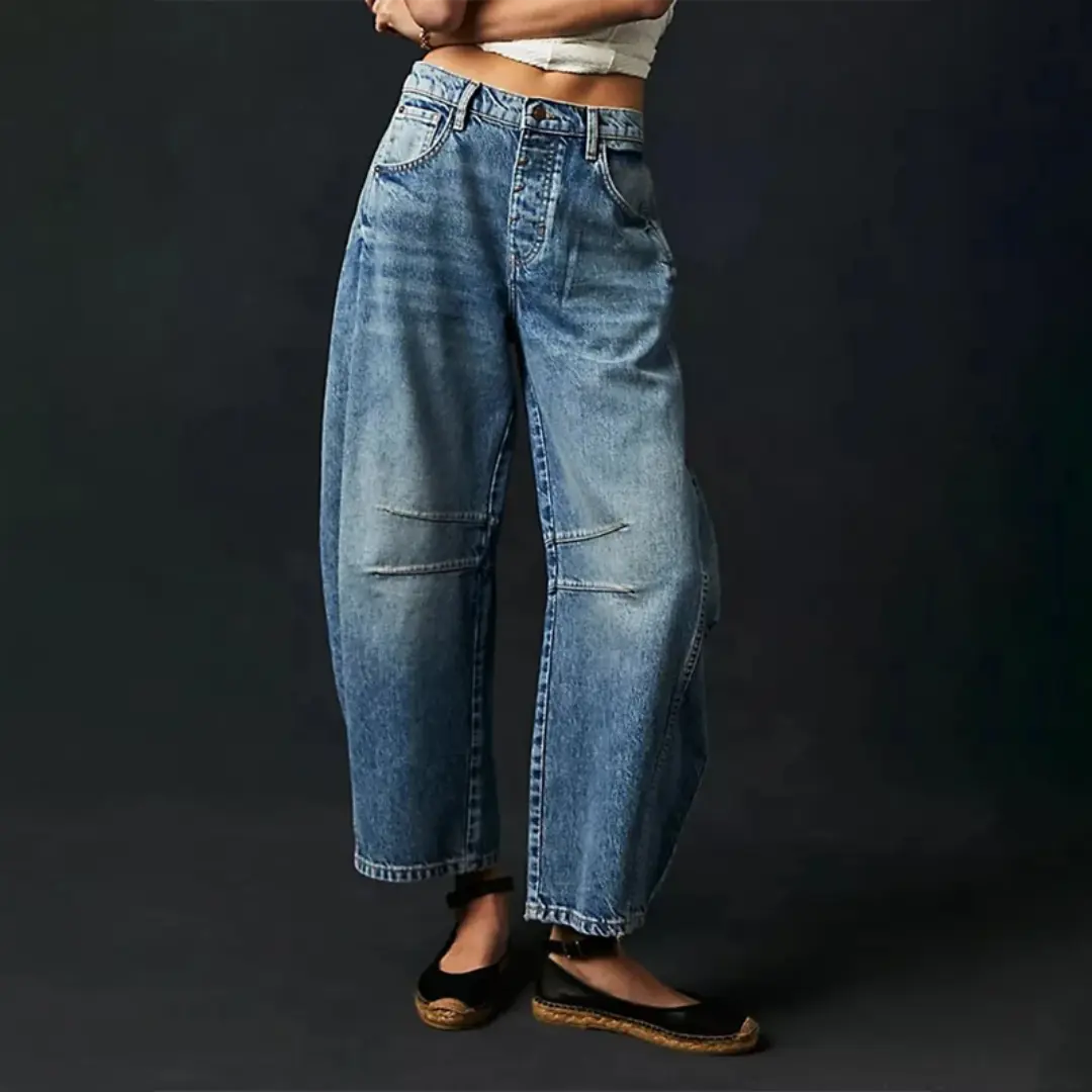 Women's mid-rise wide leg comfort jeans soft stretch denim relaxed fit everyday casual blue denim