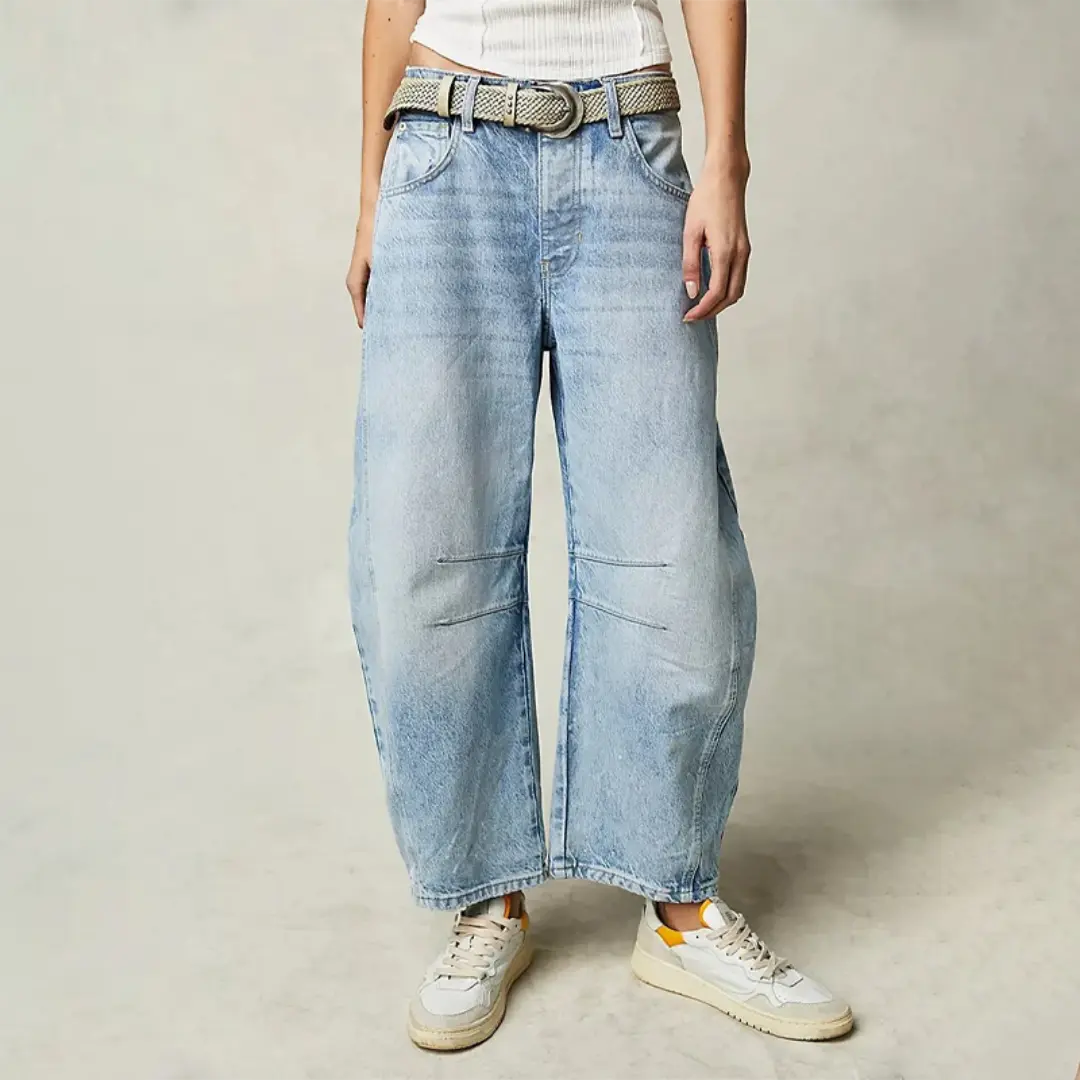 Women's mid-rise wide leg stretch denim jeans relaxed fit everyday casual blue soft comfort