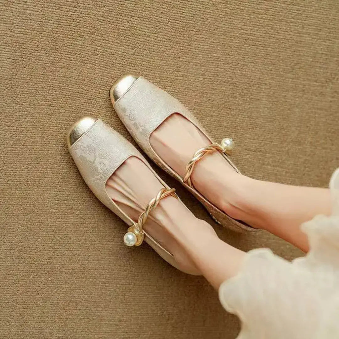 Women's ivory satin jacquard block heel sandals with pearl twist strap and gold open toe