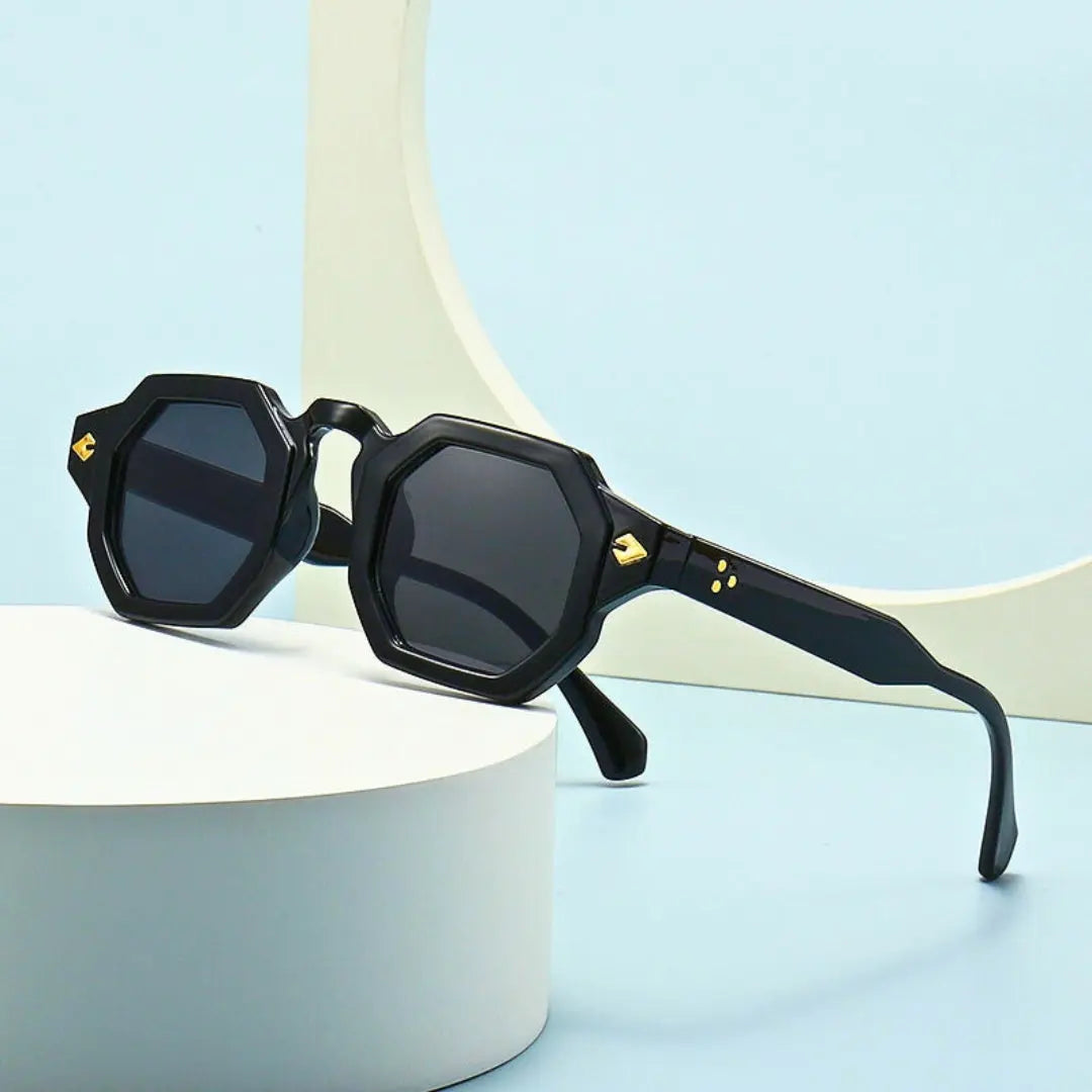 Aurelia polygon sunglasses geometric frame UV400 lenses gold accents lightweight unisex vintage style