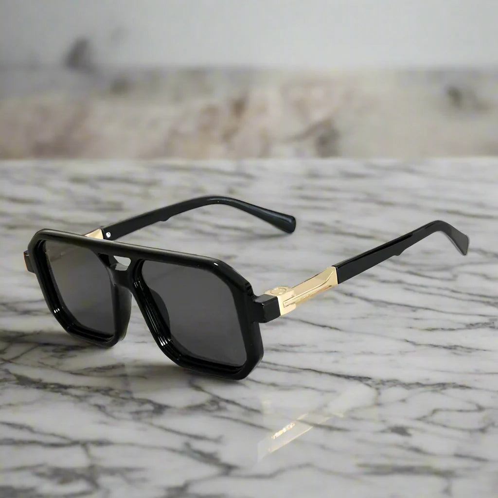 Aurelian Shades hexagonal lens sunglasses square gold frame bold geometric fashion-forward UV protection