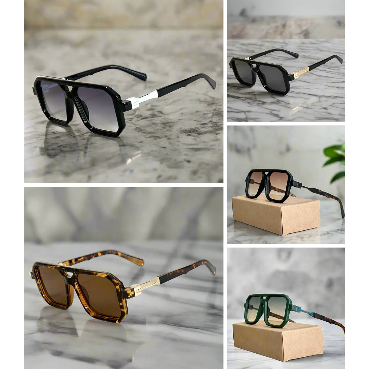 Aurelian Shades hexagonal lens sunglasses square gold frame bold geometric UV protection