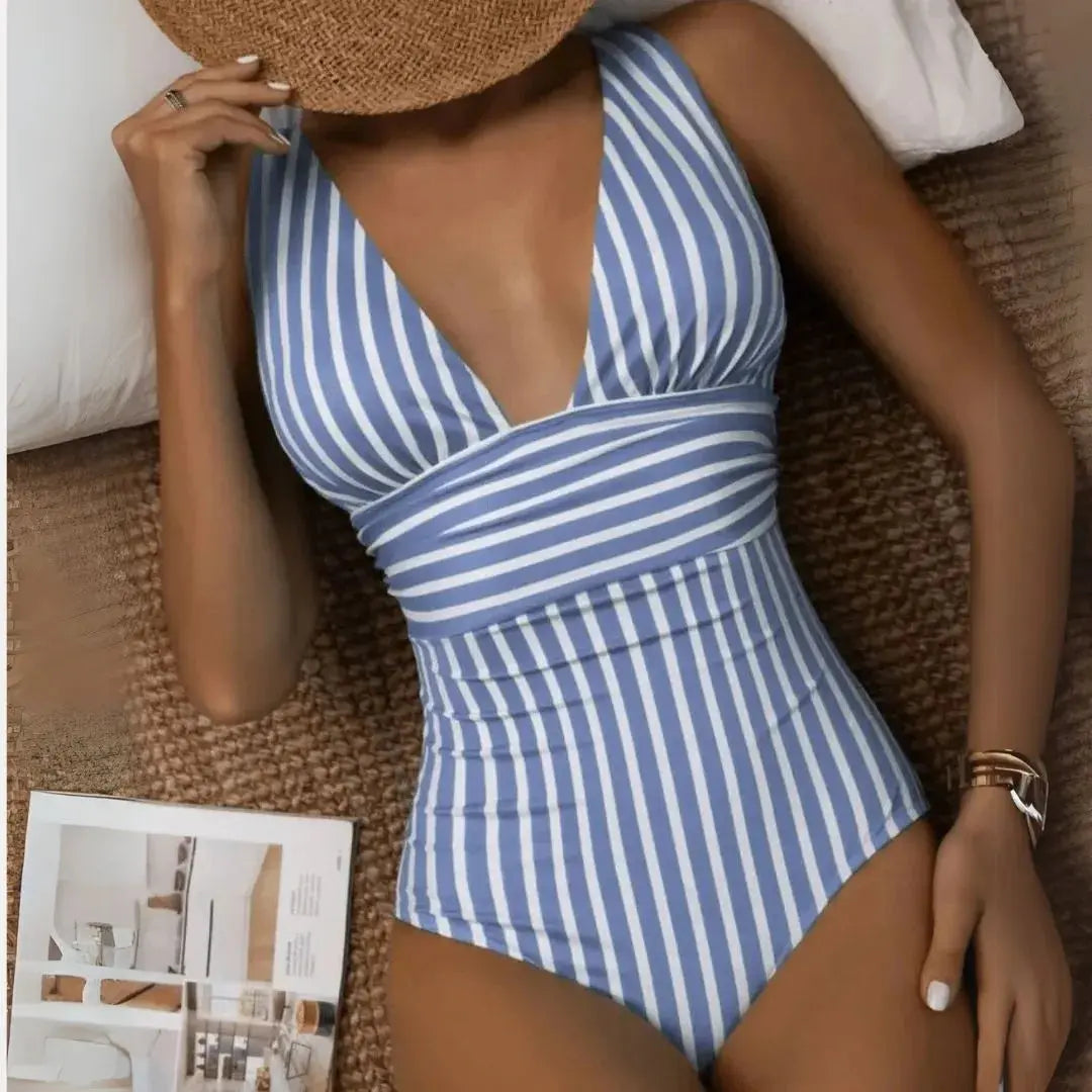 Women's striped deep V halter one-piece swimsuit with slimming pattern, beach-ready flattering fit