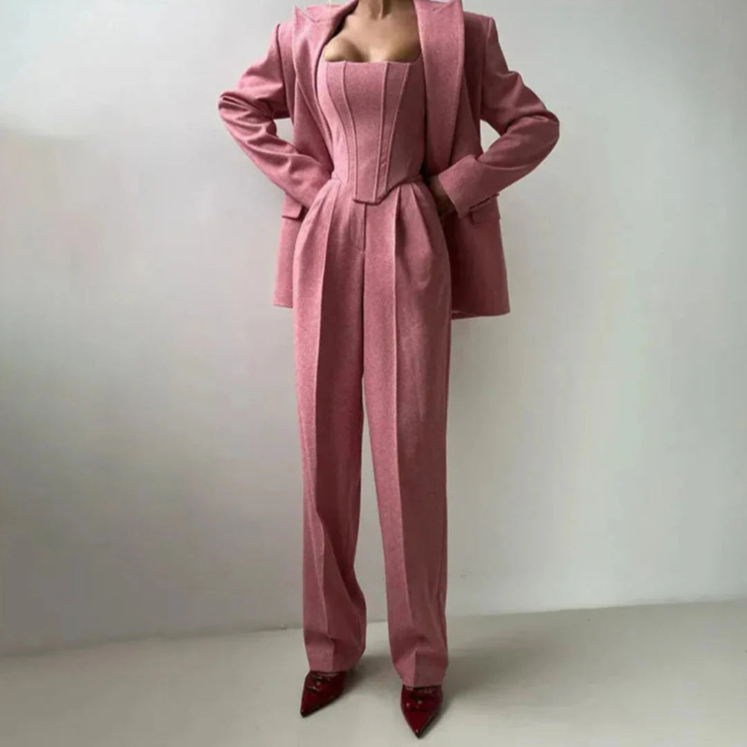 Women's 3-piece tailored corset pant suit, structured top, high-waisted pleated trousers, matching blazer