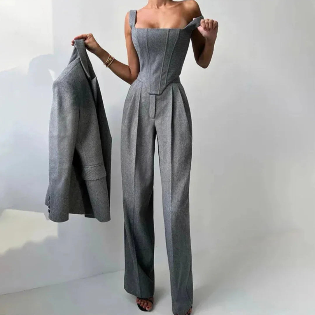 Women's Aurora 3-piece tailored corset pant suit, structured blazer, high-waisted pleated trousers