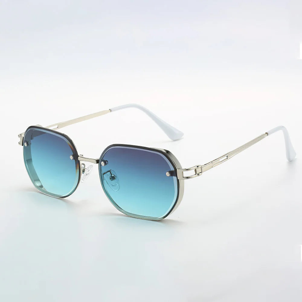 Purple gradient octagonal sunglasses with gold frame, geometric luxury eyewear for fashion-forward women