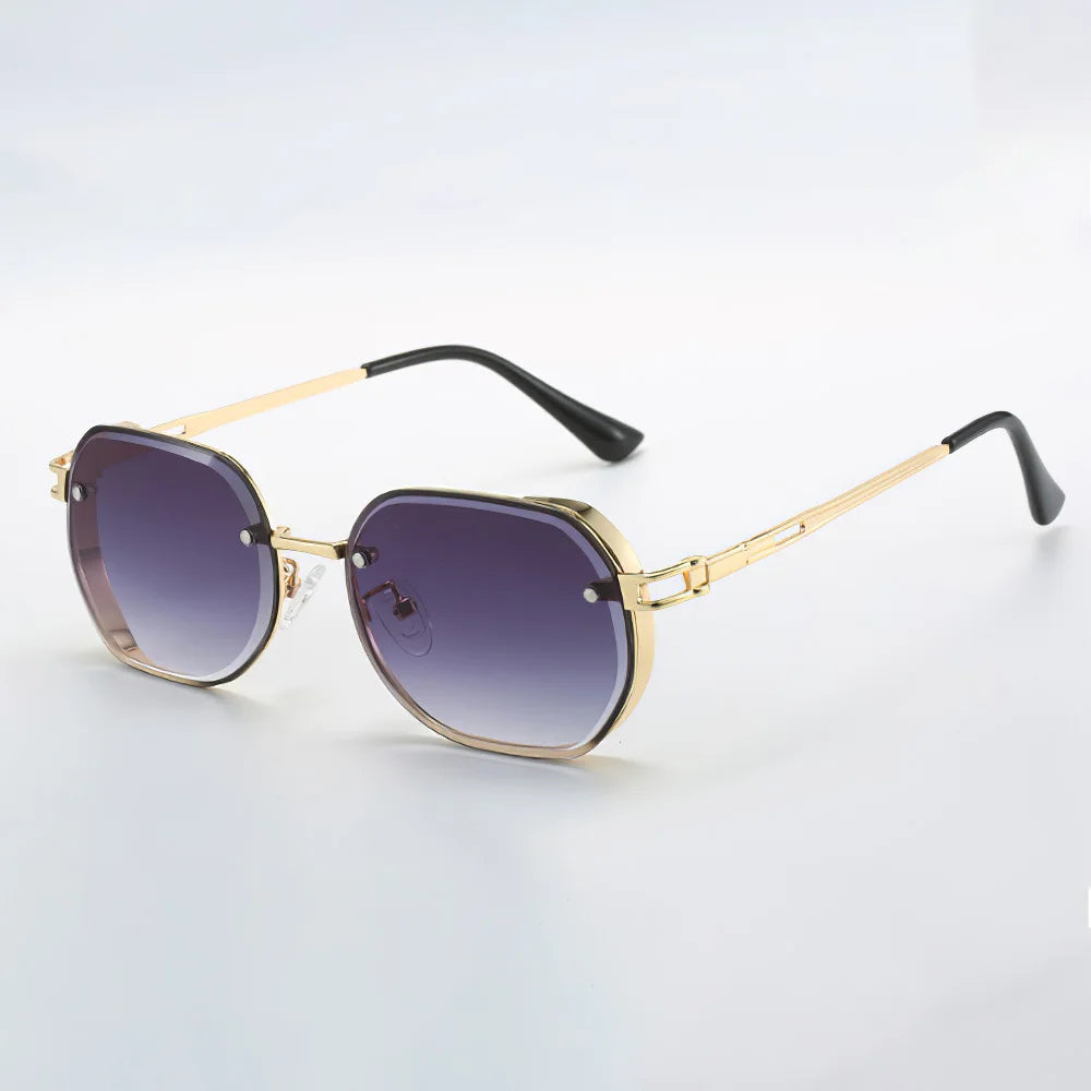 Purple gradient octagonal sunglasses with gold frame, luxe geometric silhouette for fashion-forward women