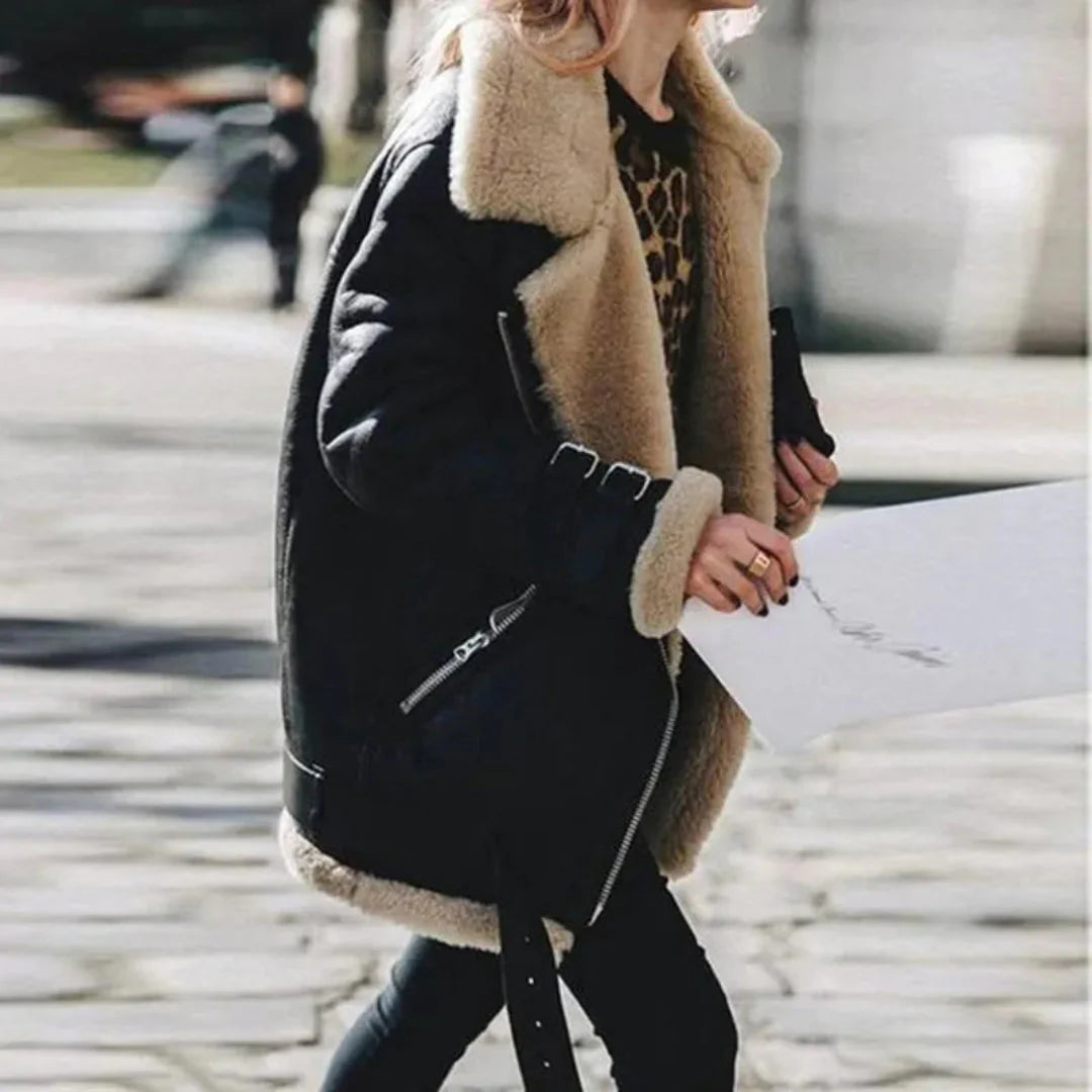 Women's brown suede aviator jacket shearling lined faux fur interior asymmetrical closure cozy winter style