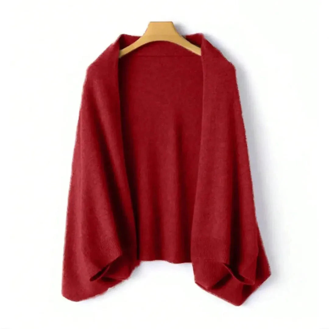 Women's open-front wool knit shawl cardigan in relaxed draped fit, lightweight breathable layer