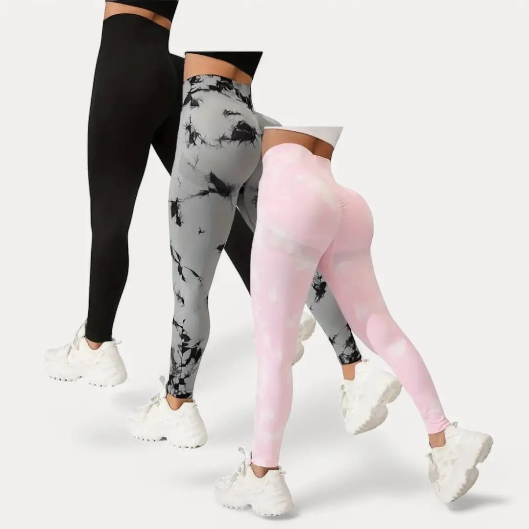 Aurora tie-dye high-waist scrunch butt lift leggings 3-piece set multicolor marble print women athletes