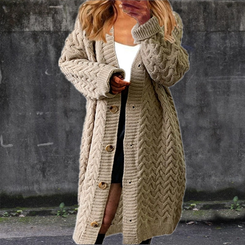 Women's long loose knitted cardigan cozy elastic fit fashionable layering piece in neutral tones