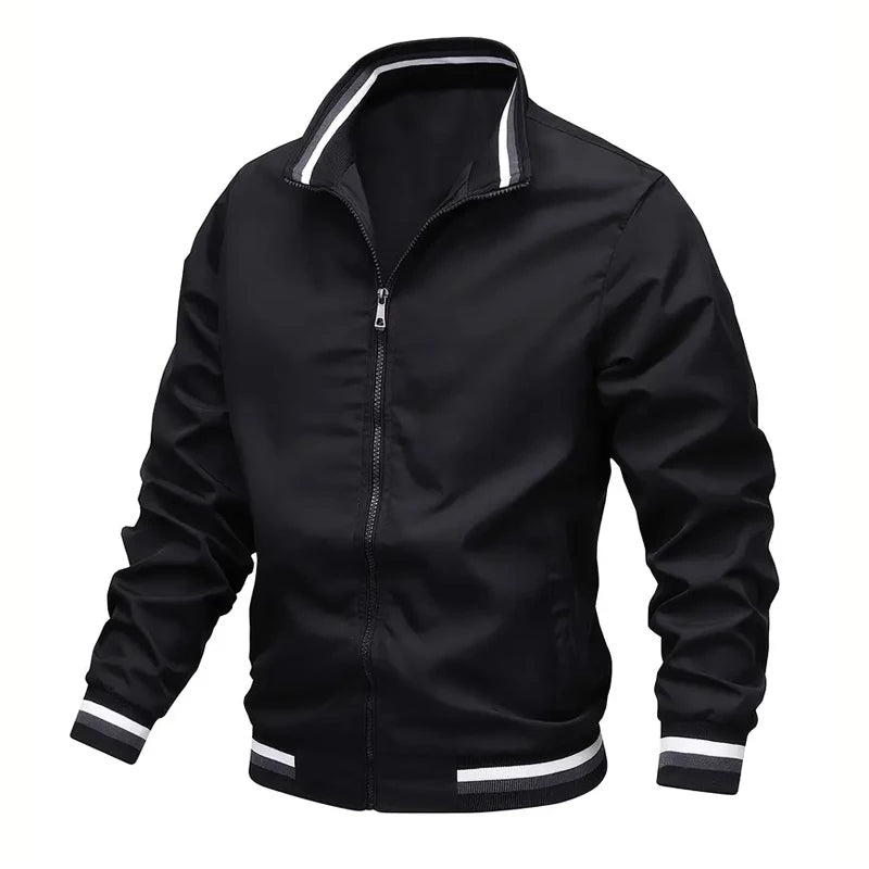 Men's lightweight windbreaker jacket with stand collar and striped cuffs in athletic autumn style