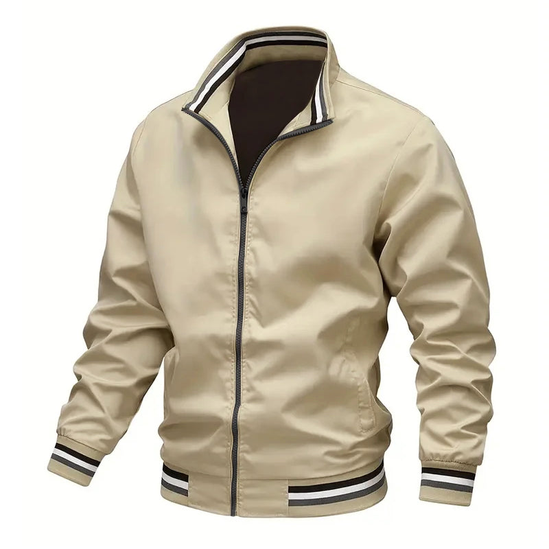 Men's lightweight windbreaker jacket with stand collar and striped cuffs in athletic autumn style