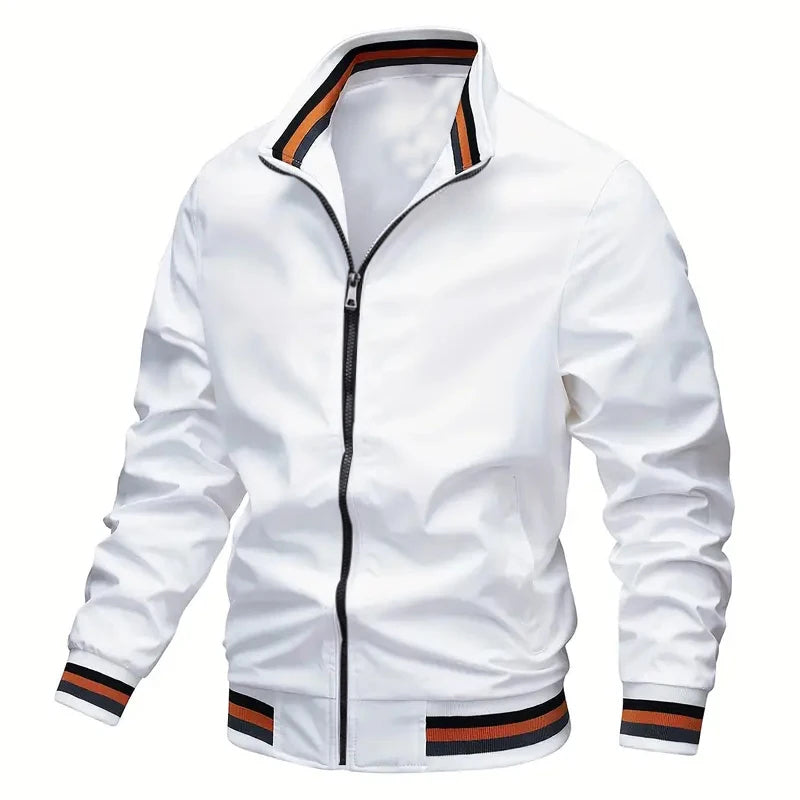 Men's lightweight windbreaker jacket with stand collar and striped cuffs in athletic autumn style