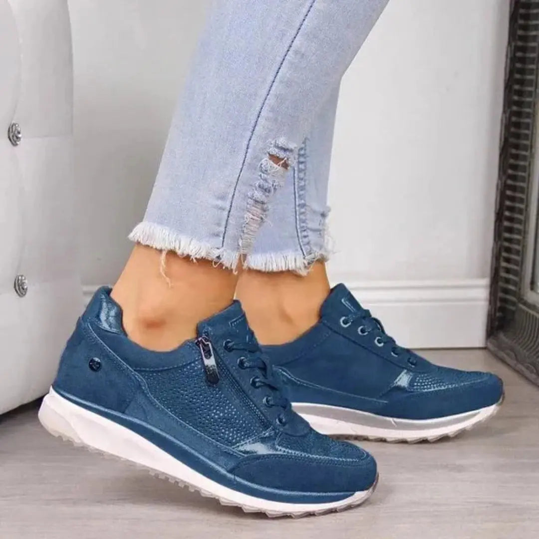 Women's silver sequin wedge sneakers with breathable PU leather upper and side zip closure