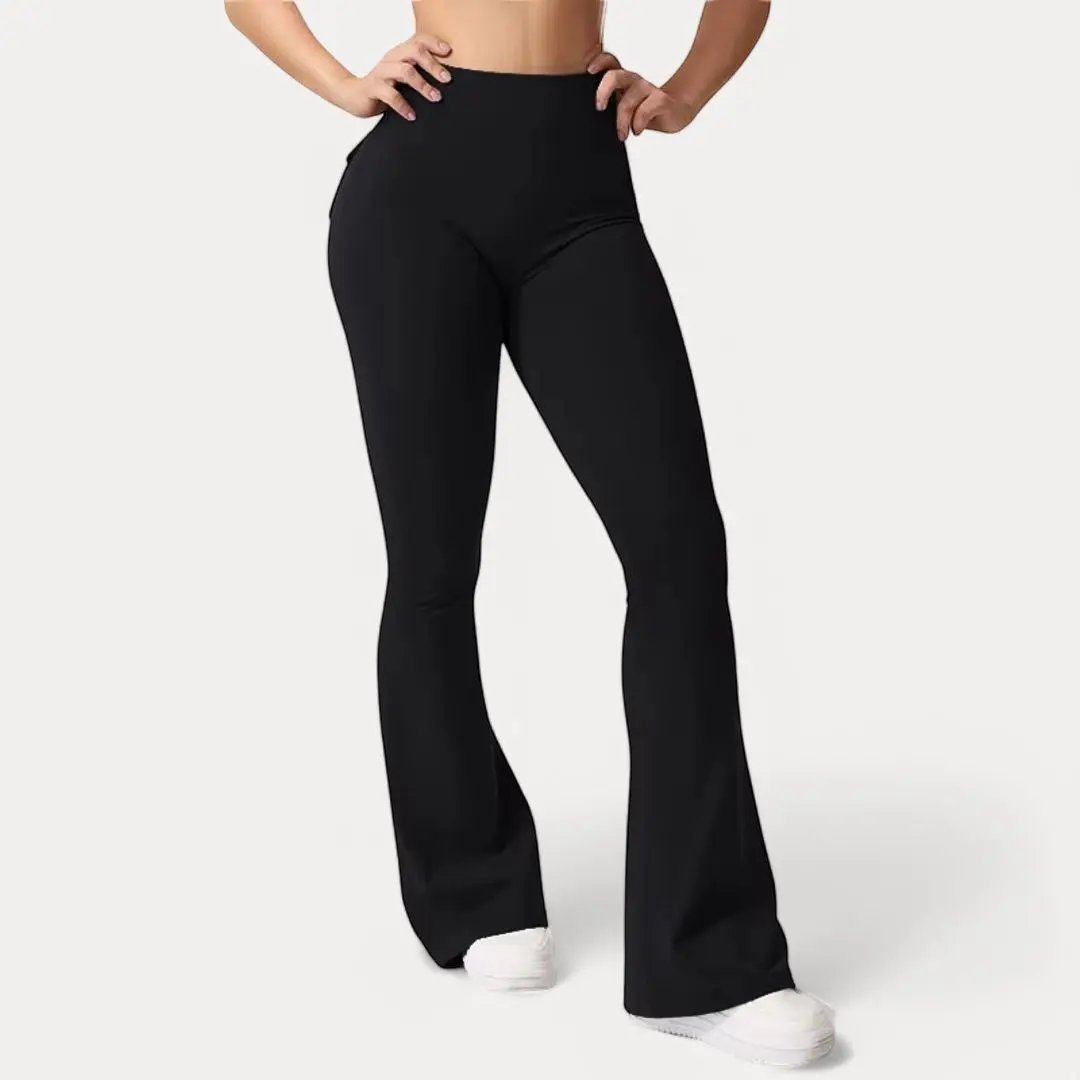 Women's black high-waist flare leggings with scrunch back lift and side pockets for tummy control