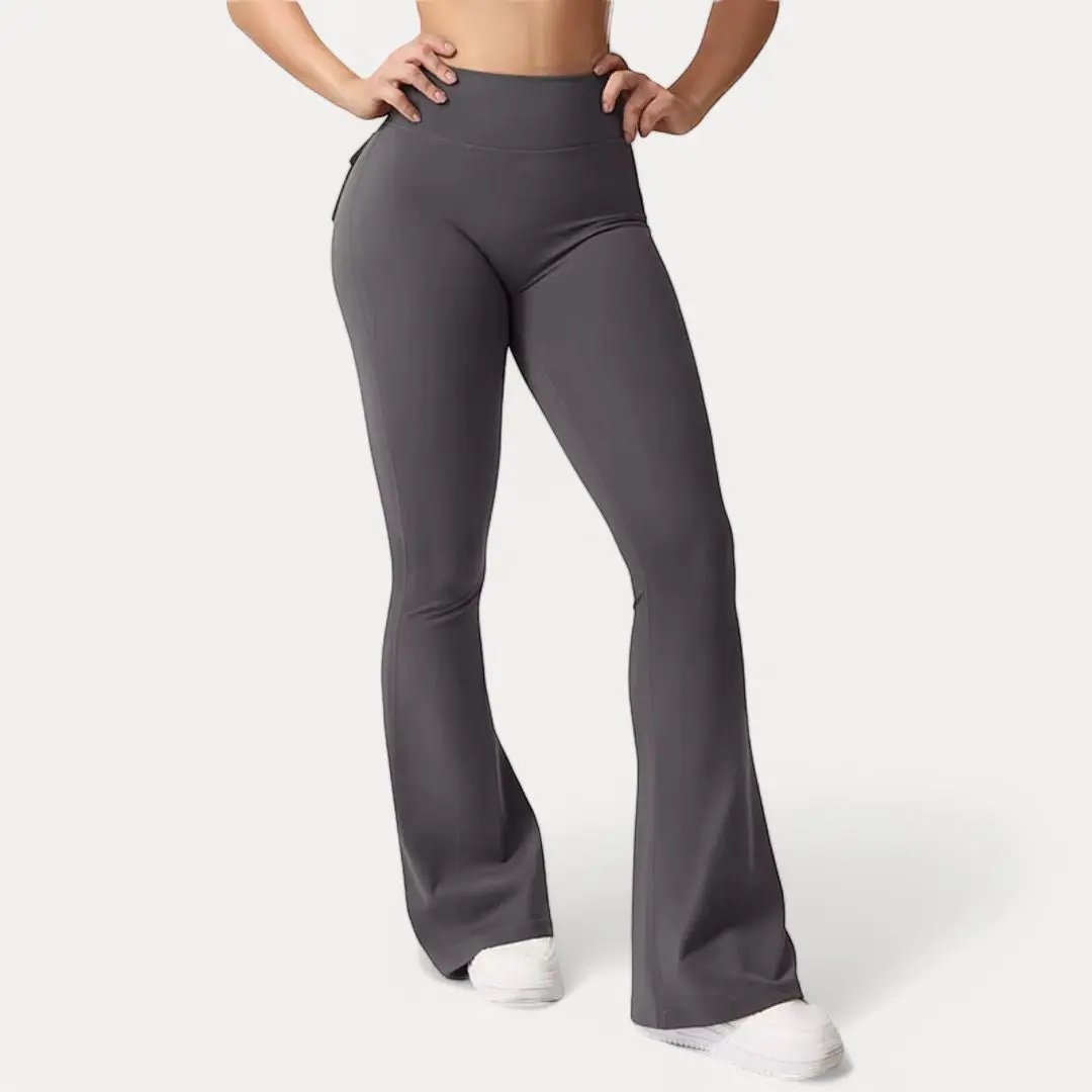 Women's black high-waist flare leggings with scrunch back lift and side pockets for active wear