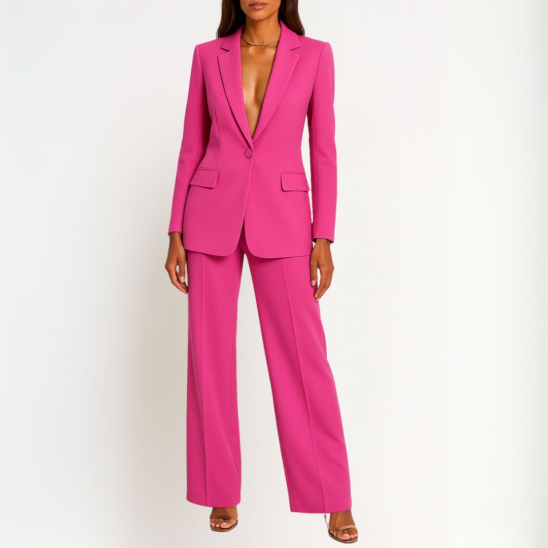Bold blue tailored blazer set with structured shoulders and high-waist wide-leg trousers for women