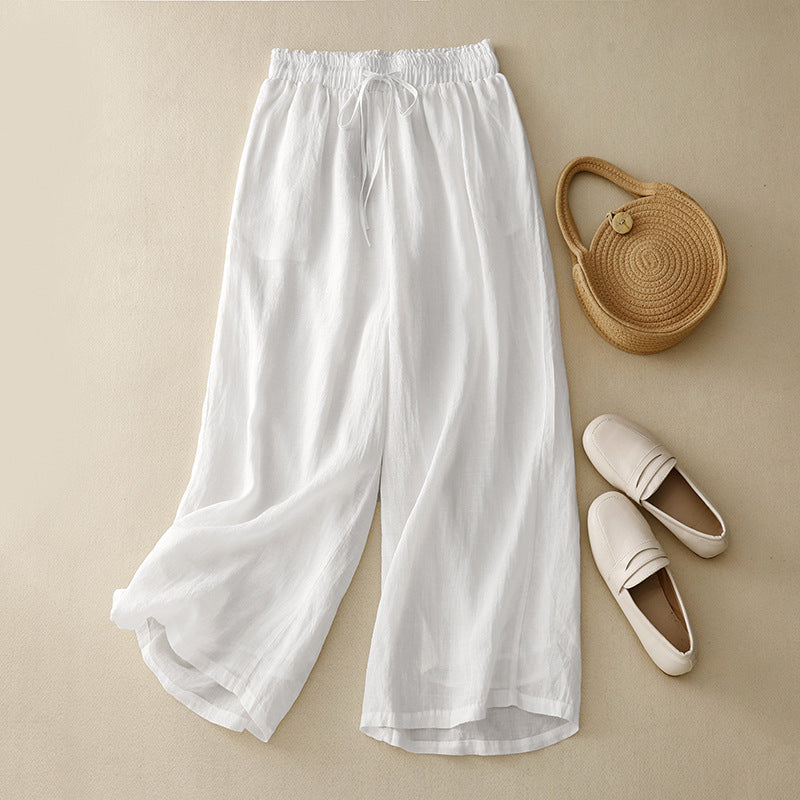 Women's relaxed wide-leg linen blend pants with drawcord waist, breathable fabric for all-day comfort