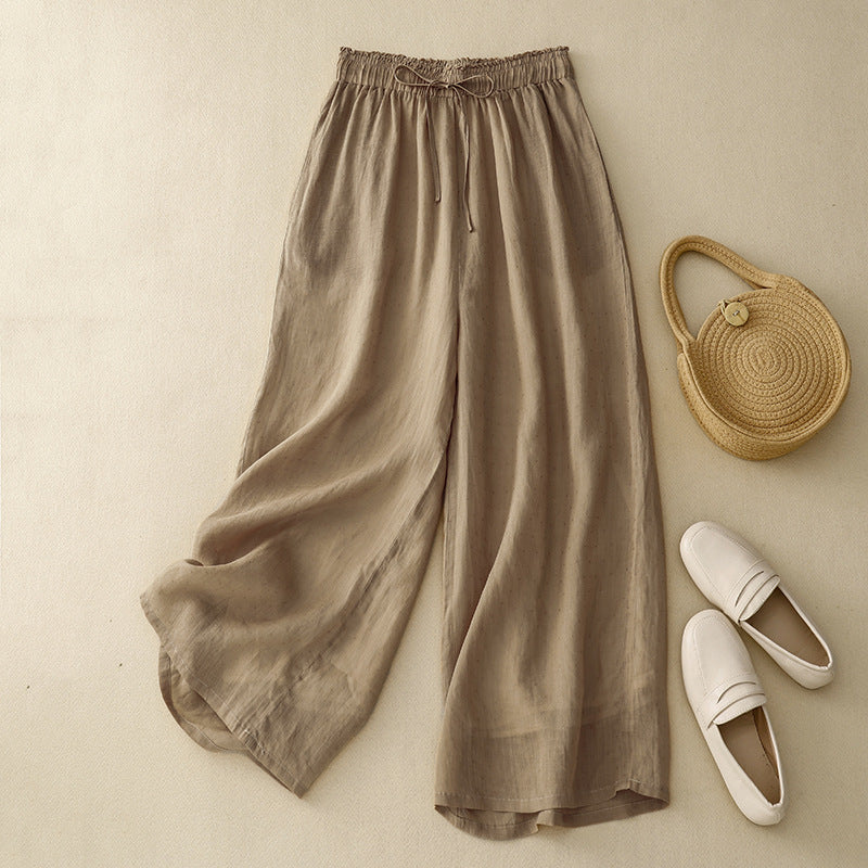 Women's relaxed wide-leg linen blend pants with adjustable drawcord for breathable all-day comfort
