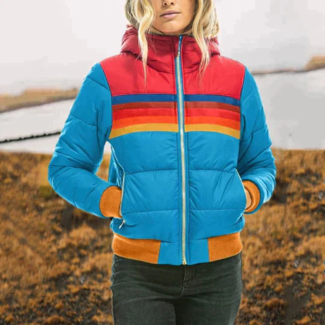 Women's color-block puffer winter jacket warm insulated trendy coat lightweight casual fit