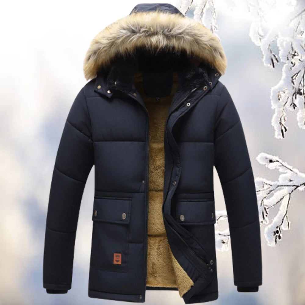 Men's relaxed-fit parka jacket with water-resistant shell and cozy fleece lining for cold weather