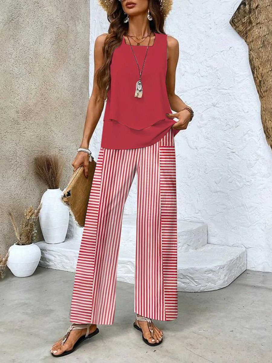 Women's botanical print two-piece set with breezy layered top and wide-leg trousers for summer