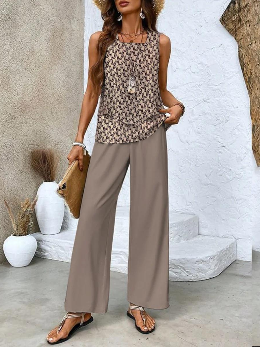Women's botanical print two-piece set with breezy layered top and wide-leg trousers for summer