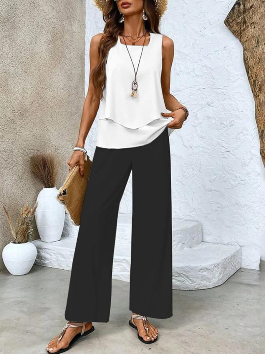 Women's botanical print wide-leg pants two-piece set with breezy layered top, summer coord outfit