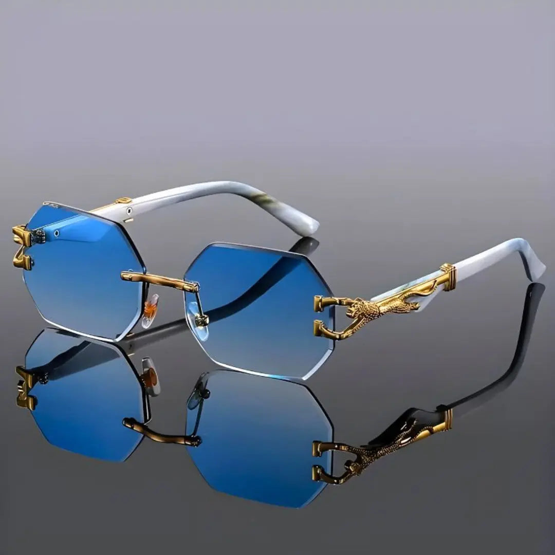 Avery rimless hexagonal sunglasses with gold accents, lightweight modern frame for trendsetters