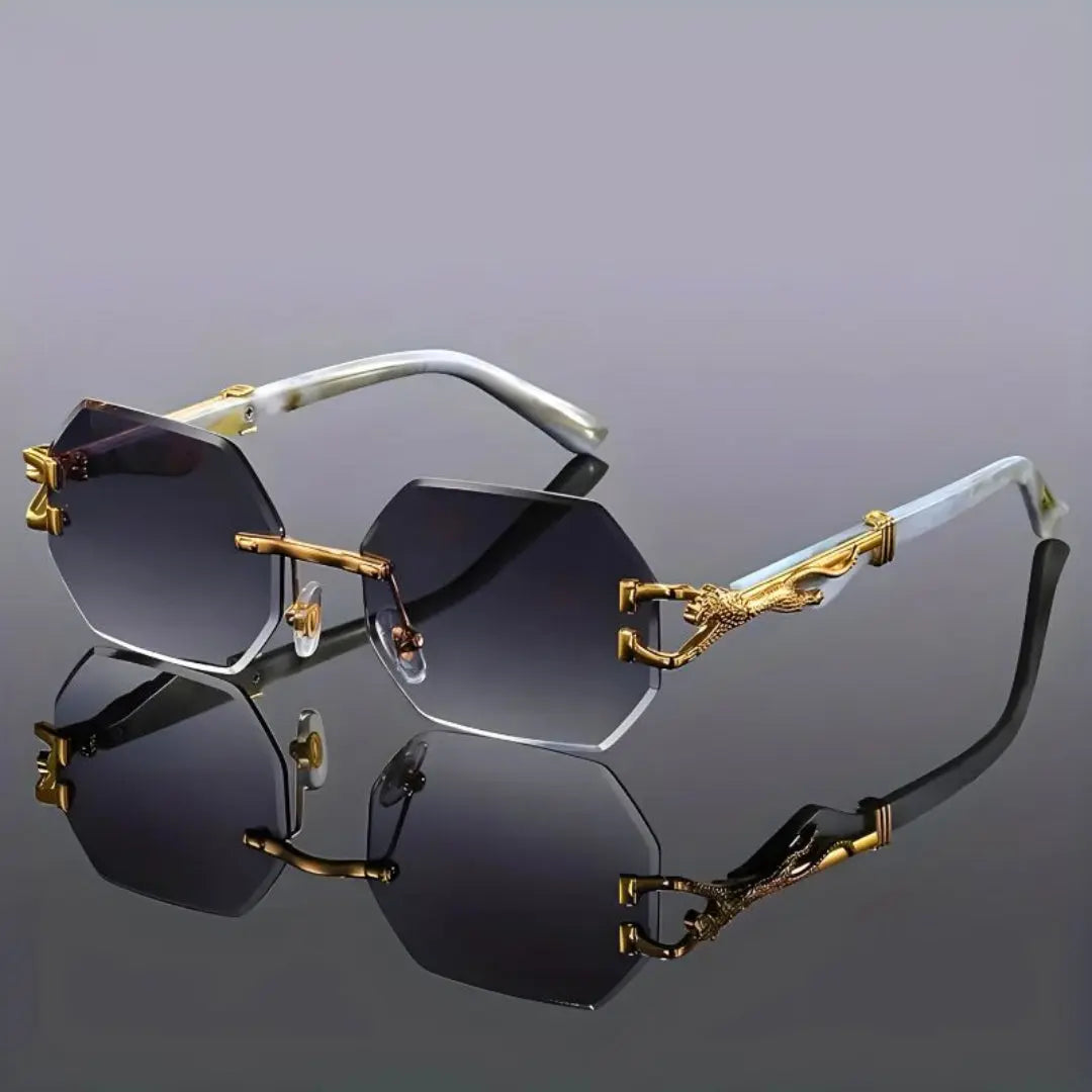 Avery rimless hexagonal sunglasses with gold-tone accents, lightweight modern silhouette for trendsetters