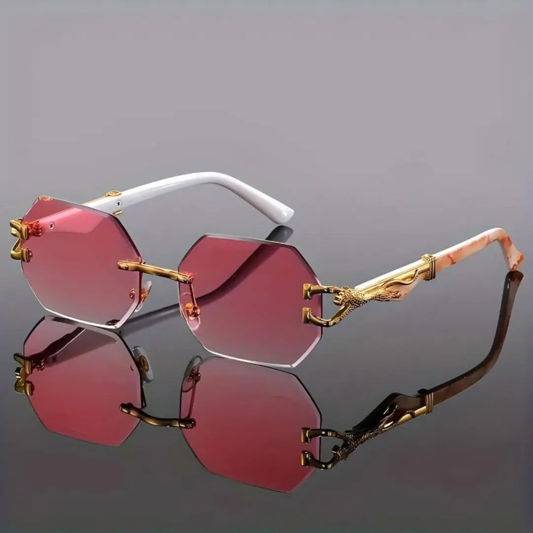 Avery rimless hexagonal sunglasses with gold-tone accents, lightweight modern silhouette for trendsetters