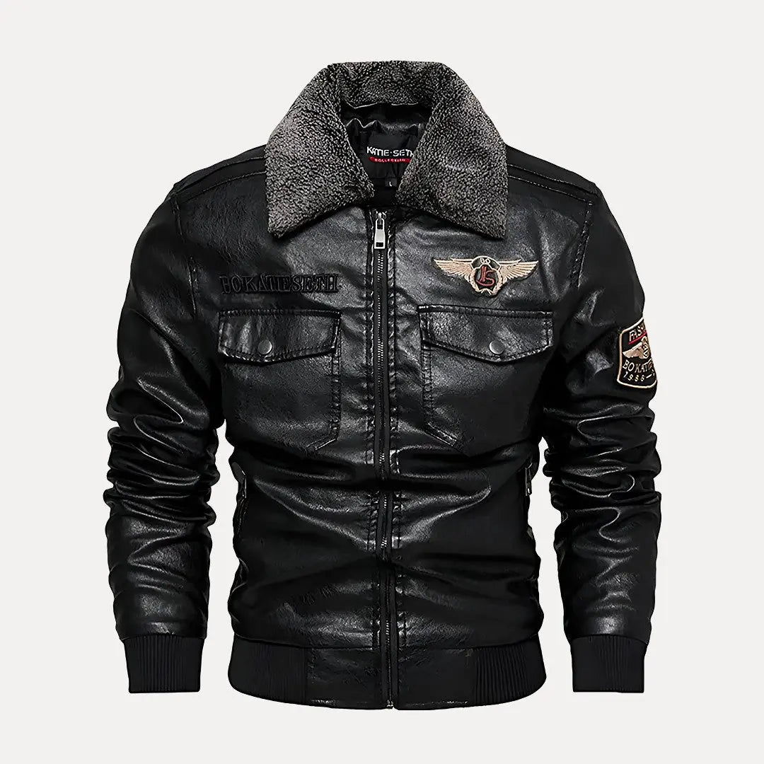 Men's brown vintage bomber leather jacket with shearling collar and aviator patch details