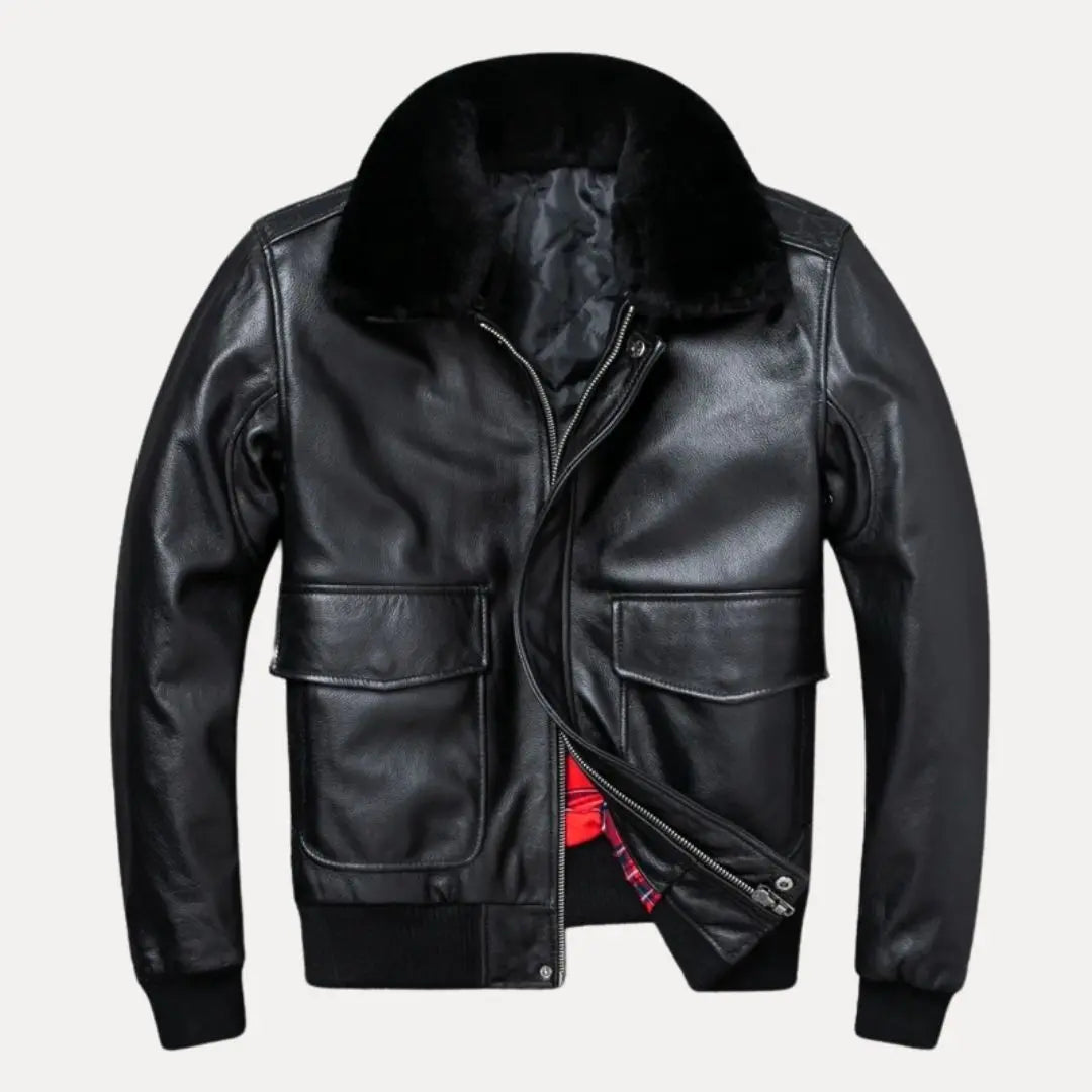 Men's brown aviator bomber leather jacket premium cowhide with plush shearling collar structured fit